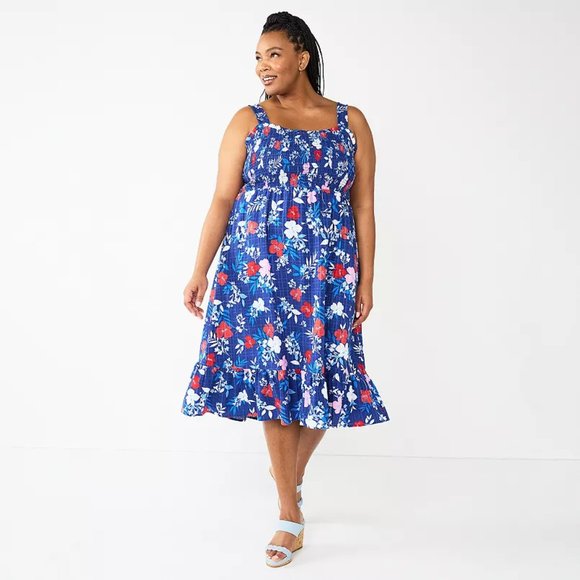 Plus Size DRAPER JAMES RSVP™ Plus Smocked Bodice Midi Dress by DRAPER JAMES RSV - Picture 1 of 2